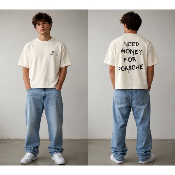Need Money For Porsche Graphic T-Shirt Mens Medium Off White Boxy Streetwear Tee